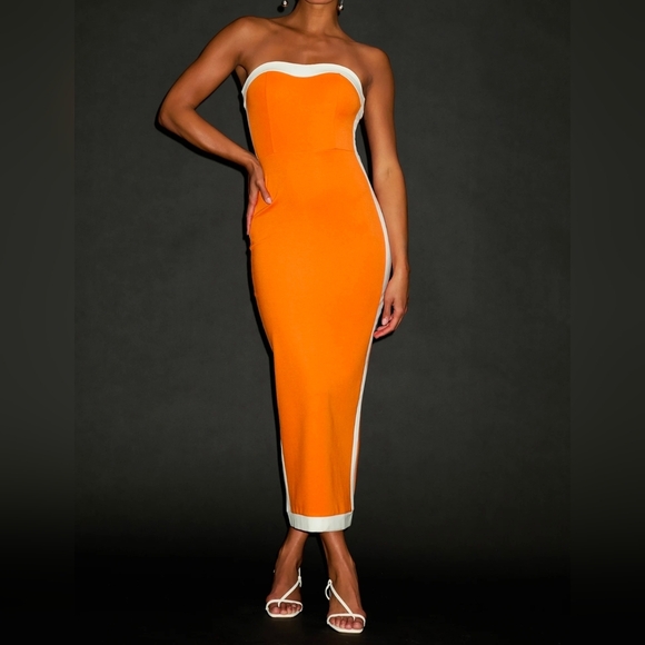 Lulus Dresses & Skirts - Lulus Impressive Edge Orange Color Block Strapless Midi Dress, Size Medium